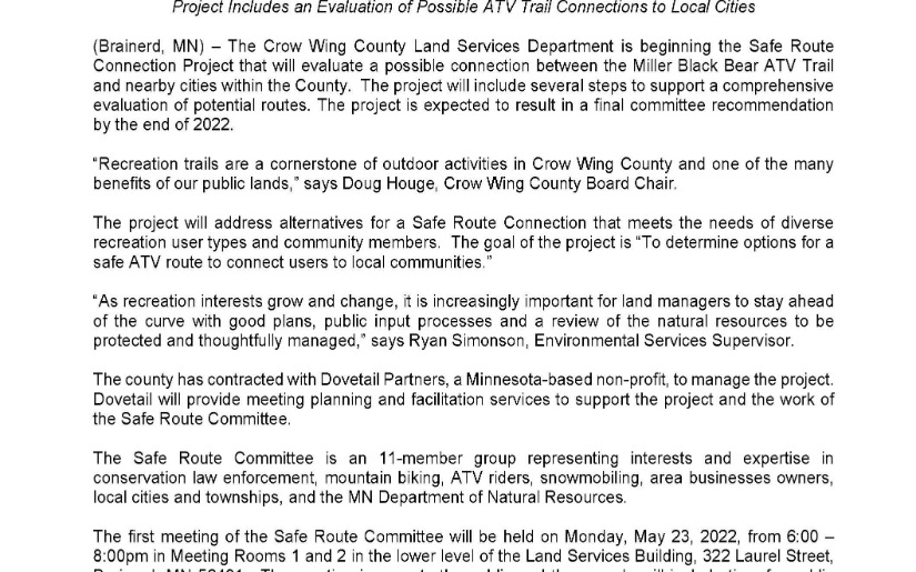 Crow Wing County to Begin the Safe Route Connection Project